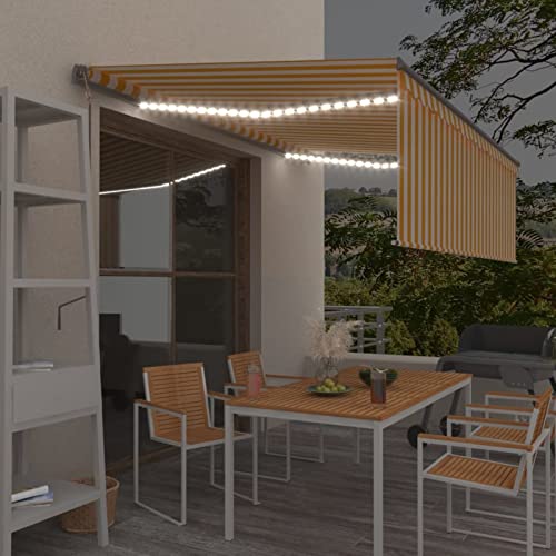 IKAYAA Toldo Automático Retráctil con LED y Sensor 4 x 3 m, Enrollable de Aluminio y Poliéster con Manivela - Eléctrico para Balcón y Veranda, Amarillo y Blanco