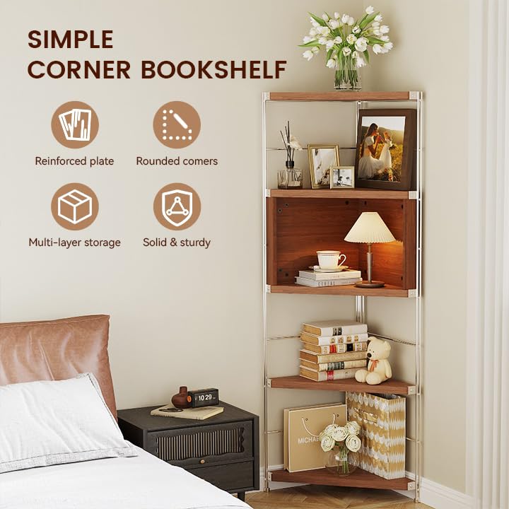 Image of 5-Tier Industrial Bookshelf, Wood and Metal Shelf Unit, Storage Bookcase