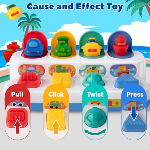 Tovol Zerky Montessori Ursache-Wirkung Spielzeug 12 Monate, Baby Druckknopf Pop-up Tier Spielzeug, Interaktive Sinnes Spielzeuge für Kleinkinder 1 2 3 (Transportfahrzeug)