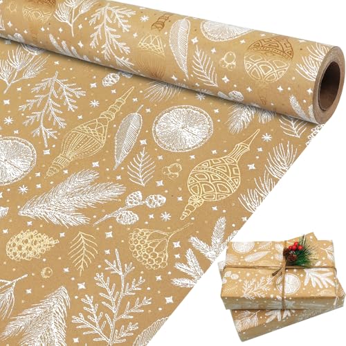 Papier cadeau de Noël en kraft marron chic et élégant avec délicats motifs blancs et dorés 10m