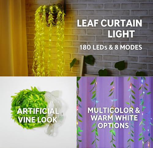 Image of MIRADH Diwali Fairy Lights Leaf Curtain String Light, 180 LED Artificial Leaf Vine with 8 Modes for Diwali, Navratri, Christmas & New Year Home & Party Decor (10x3 ft) (2, Multicolor)