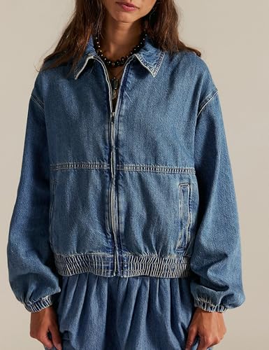 Womens Denim Jackets Long Sleeve Zip Up Elastic Hem Classic Loose Jean Bomber Jacket Outfit3