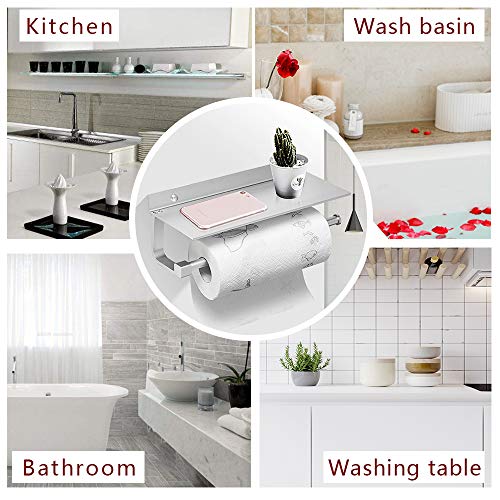Besy Paper Towel Holder Wall Mounted For Kitchen 13 Inch, Bathroom Tissue Roll Hanger With Mobile Phone Storage Shelf,Space Aluminum, Wall Mount With Screws, Dull Polished Silver #TOP5