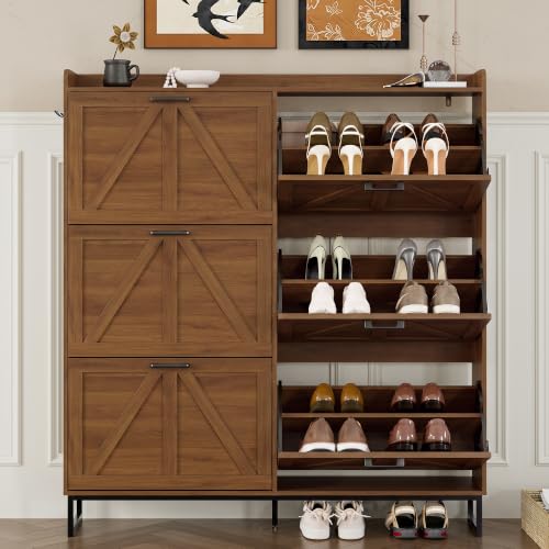 Image of BORNOON Shoe Cabinet with 6 Flip Drawers Narrow Shoe Storage Cabinet Organizer Wooden Freestanding Shoe Rack Hidden Slim Shoes Storage Cabinet for Entryway, Hallway, Living Room, Bedroom