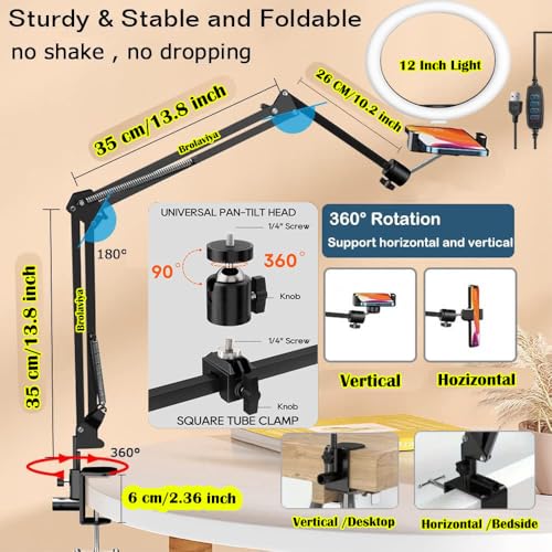 Image of BROLAVIYA No Shadow Overhead Video Mobile Stand with Extra Long Metal Arm,12inch Large Selfie Ring Light, 2 Way Base clamp 1 /4 inch Adaptor for Camera, GoPro and Mobile Bracket