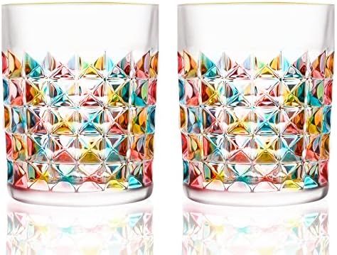 SALADAYS Whiskey Glasses Set of 2, 10oz Colorful Old Fashioned Glasses, Crystal Glassware for Bourbon Scotch Cocktail Rum Vodka Liquor