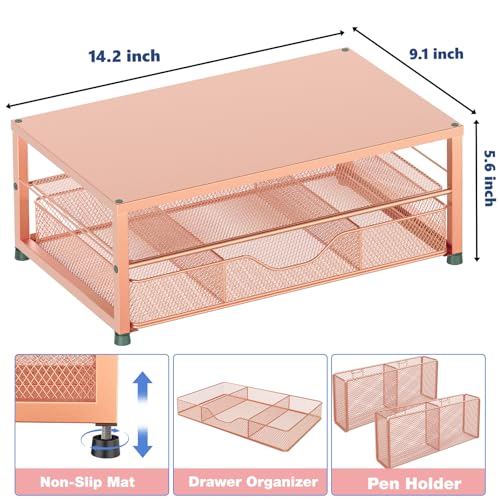 Image of OPNICE Desk Organizers and Accessories, Computer Monitor Stand Riser with Drawer and 2 Pen Holders, Printer & Laptop Stand, Office Desk Accessories & Workspace Organizers for Home Office Supplies, Rose Gold