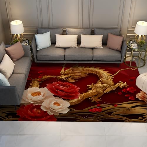 Tapis poil ras antidérapant rouge chinois motif dragon luxe 180x240