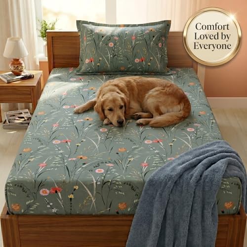 Image of Mafatlal 125 GSM Merino Single Size Bedsheet with Pillow Cover | 90 x 60 Inches | Soft, Breathable & Lightweight | Green