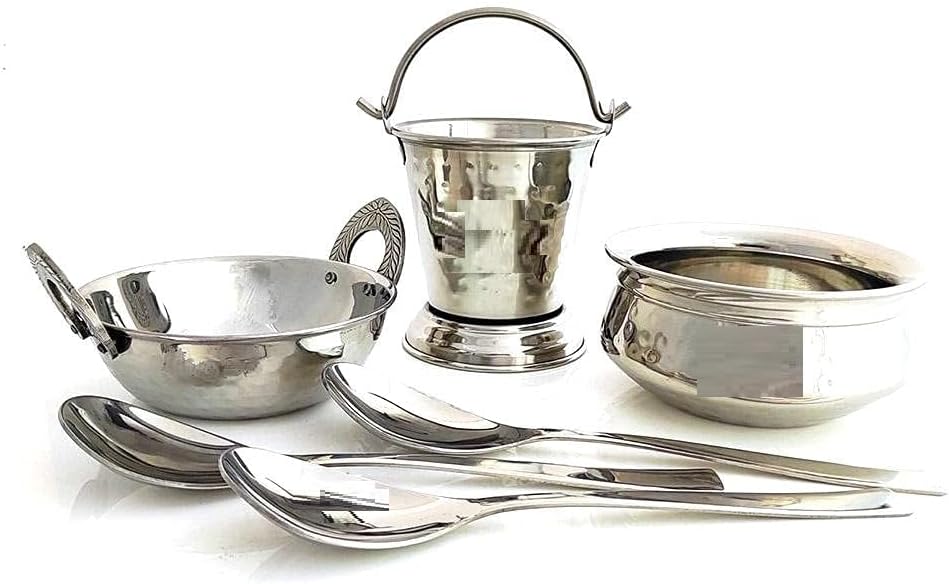 Steel Serving Set – 6 Pcs Hammered Design Handi, Bucket, Kadhai & 3 Serving Spoons – Traditional Indian Cookware for Dining & Kitchen – Silver Steel Utensils