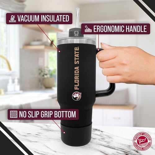 Image of Florida State Seminoles 40 oz Tumbler with Handle and Straw - Black | Officially licensed Florida State Seminoles insulated tumbler - Go Noles; vacuum-sealed stainless steel; straw included