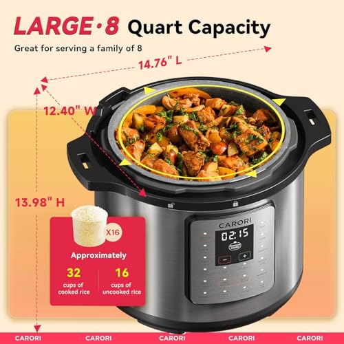 Image of CARORI 1200W 12-in-1 Electric Pressure Cooker 8Qt, Stainless Steel Pressure Cooker, Slow Cook Rice Cooker Steamer Saute, Yogurt Maker, Warmer & Sterilizer with Recipe, Safer Venting Design, Sliver