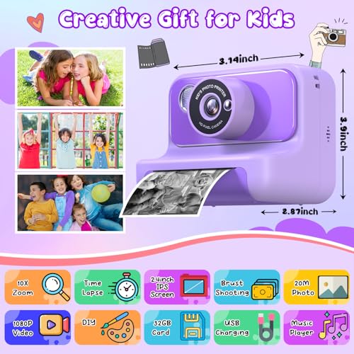 Image of Kids Camera Instant Print, Christmas Birthday Gifts for Girls and Boys | 1080P HD Video Digital Kids Camera with 32G Card, Toddler Camera for 3-12 Years Old, Purple
