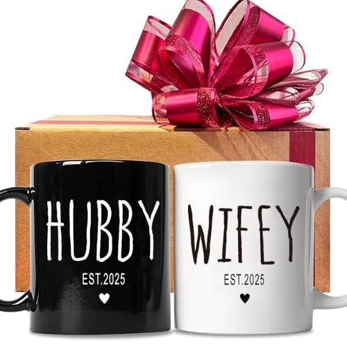 FALJIOK Est 2025 Hubby Wifey Coffee Mugs Set Wedding Gift for Couple Bride Groom Mug Set Newlywed Coffee Mugs Gift Set Couples Coffee Mug Set Mr Mrs Bridal Shower Gift 93