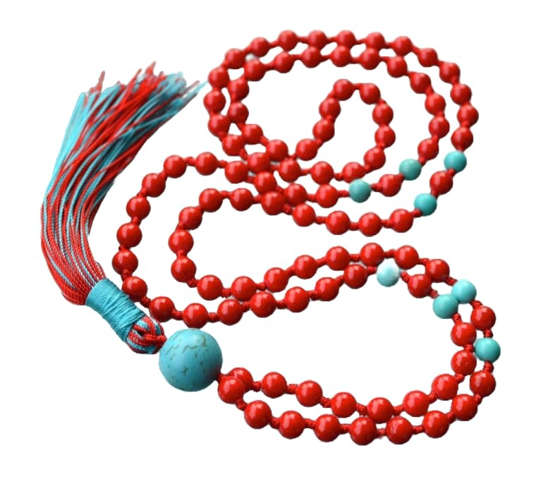 Cuentas Mala de piedra turquesa de coral rojo, collar de 108 mala, nudo mala, collar WWG, joyería de yoga, cuentas de meditación, joyería espiritual, joyería bohemia, 34inch, Gema