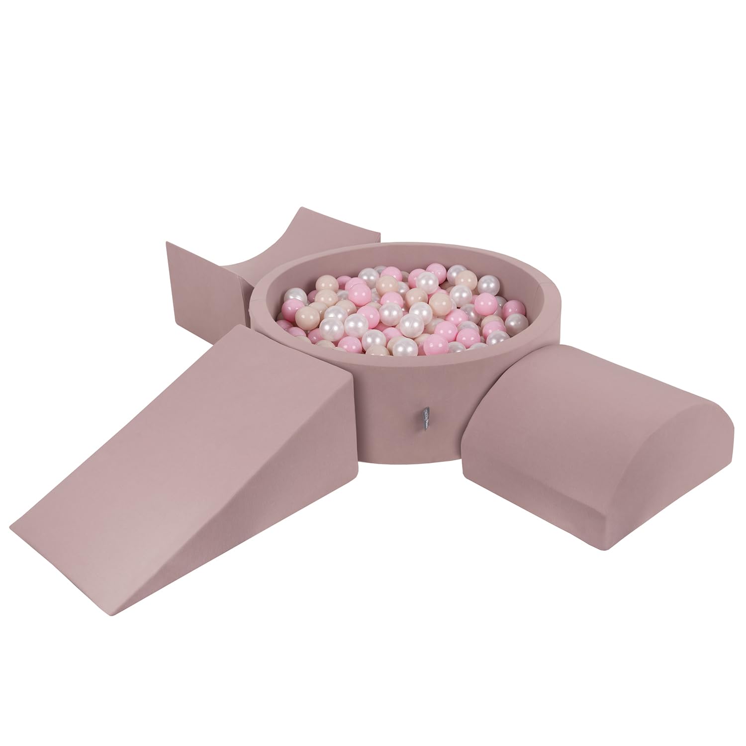KiddyMoon Foam Playground For Kids With Round Ballpit (300 Balls ∅ 7Cm/2.75In) Soft Obstacles Course And Ball Pool, Heather: Pastel Beige/Powder Pink/Pearl