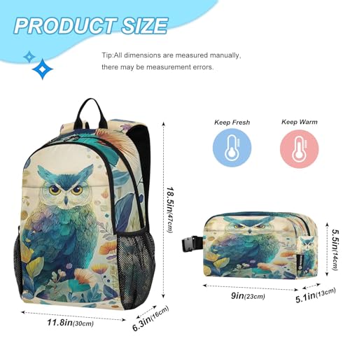 Kids Backpack Beautiful Green Owl Boys Girls School Backpack with Lunch Bag Bookbag Set2