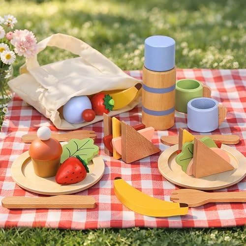 PairPear Wooden Toy Food Picnic Set for Kids Kitchen Pretend Play Food