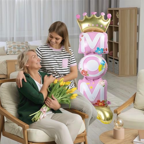 Image of Mother Day Balloon, Mom Standing Aluminum Balloon Happy Mother Day Foil Balloons, Pink Great Mom Day Birthday Party Decoration Balloons