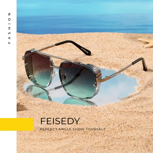 Image of FEISEDY Sunglasses Mens Women Vintage Pilot Square Trendy Metal Steampunk Fishing Driving Sun Glasses B2894