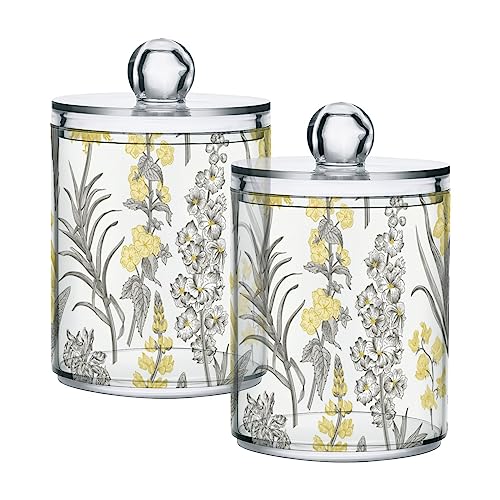 Jucciaco Vintage Yellow and Gray Flowers Canisters with Lids for Bathroom Vanity, Clear Plastic Jars Set of 2, for Cotton Balls, Cotton Pads, Qtips 4.13 x 2.75 inch