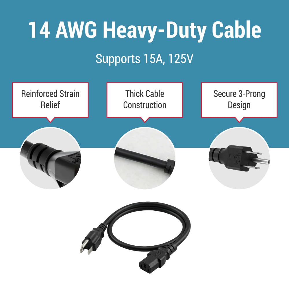 CablesAndKits - Robustes 1,8 m AC-Netzkabel – 3 Zinken Ersatz-Netzkabel, 15 A/125 V, 14 AWG, NEMA 5-15P auf IEC-60320-C13-3 AC-Kabel für PC, Monitor