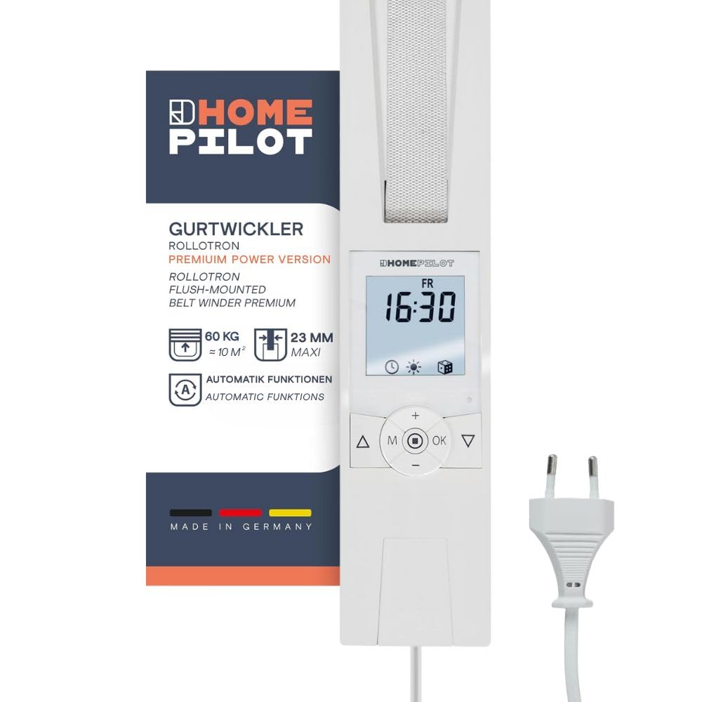 HOMEPILOT avvolgitore elettrico RolloTron premium power per tapparelle fino 60 kg (circa 10 m²), per cinghia da 23 mm, Programma giornaliero/settimanale/astro, funzione casuale, Made in Germany