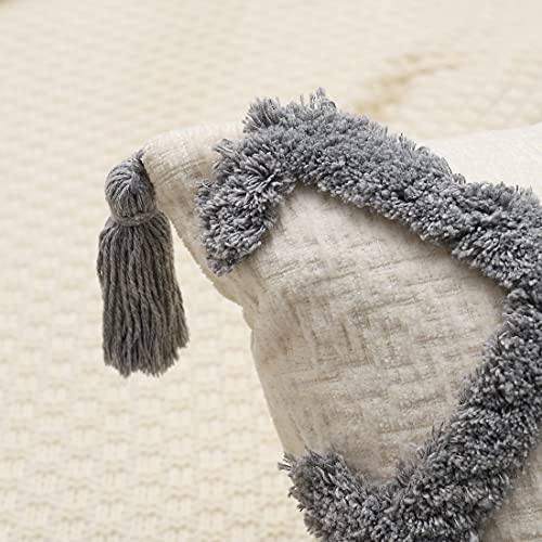 Grey Boho Lumbar Throw Pillow Cover 12X20 Inches With Tassels, Elegant Plaid Tufted Design Soft Cream Chenille Decorative Cushion Case For Bed Couch And Living Room, 1 Pc (No Insert) #TOP4