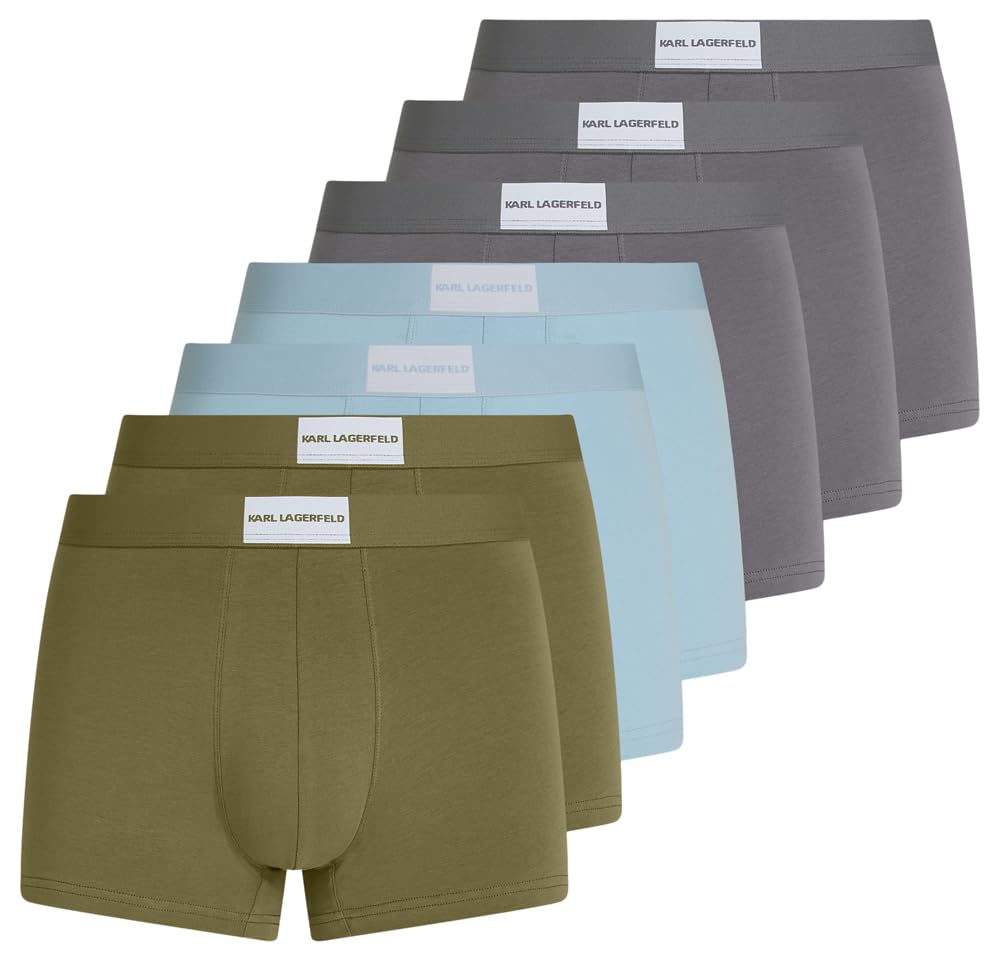 KARL LAGERFELD B.V Men's Essential Logo Trunk (7 Pack), Olive-Clear Sky-Excalibur, L