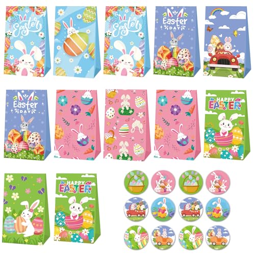 Joyhaus Ostertüten 12 Papier Ostertaschen Set mit Aufklebern Osterhasen Papiertüten Ostern Geschenktüten zum Befüllen Bunte Kleine Papiertaschen Mini Süßigkeiten Tüten für Kinder Party Mitgebsel