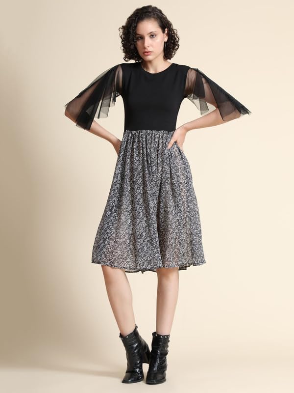 Image of Toochki Women's Black Georgette /Spandex Textured Print Fit & Flared Western Dress | A line | Winter | Western | | Trendy | Midi