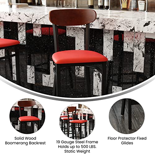 Image of Flash Furniture Wright Commercial Barstool - Walnut Finish Wood Boomerang Back - Red Vinyl Seat - 500 LB. Capacity Black Steel Frame - Integrated Footrest