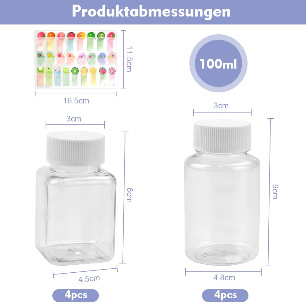 8 PCS Botellas Plástico Pequeñas de 100ml y 120ml Botella Plastico Transparente con Tapa Blanca Botellas de Jugo de Plástico Reutilizables con 1 Hoja Etiqueta Adhesiva para Agua Leche Aceite