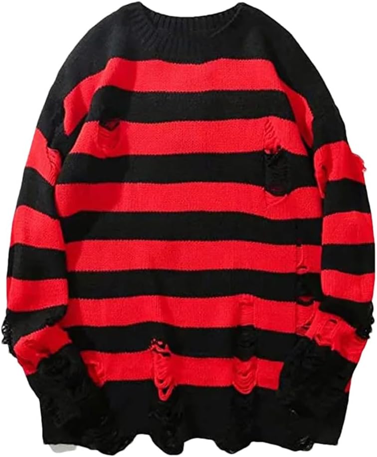 Men's Striped Punk Unisex Sweater Hollow Out Hole Broken Jumper Loose Oversized Pullouvers