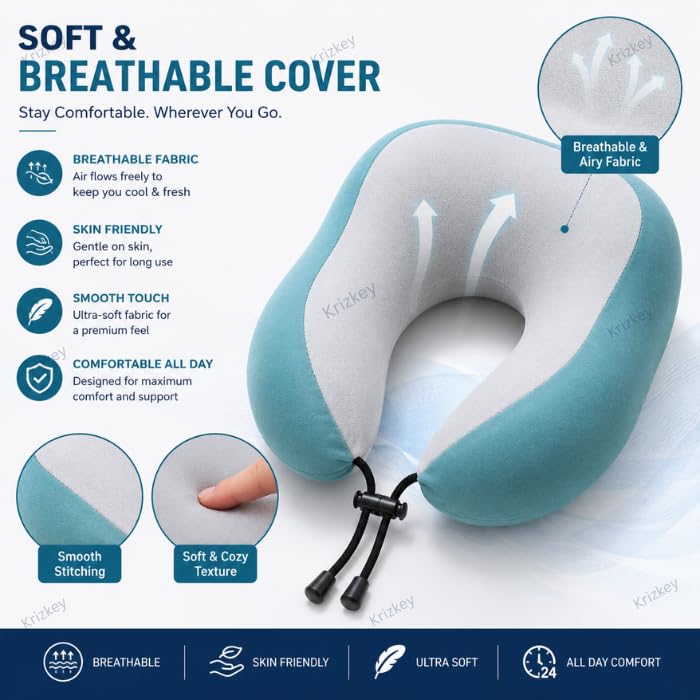 Image of Memory Foam Travel Neck Pillow with Portable Storage Case | Soft U-Shaped Neck Support Cushion for Airplane, Car, Train & Office | Lightweight Ergonomic Travel Pillow (Dark Green)