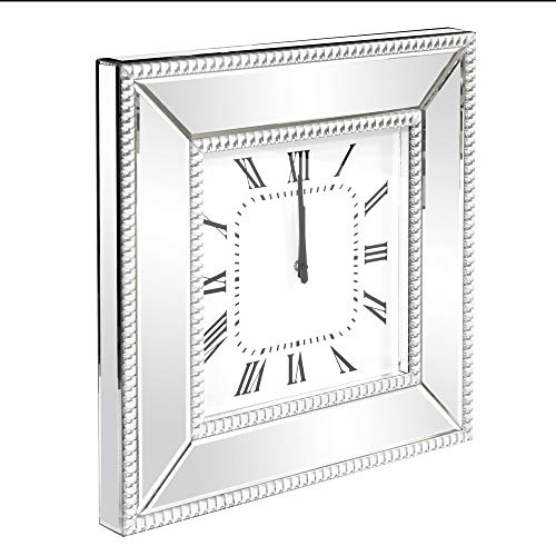 Image of Howard Elliott Collection Decorative Silver Mirrored Finish Wall Clock with Beaded Glass Trim for Home & Office Wall Decoration, Gifting Idea for Wedding, Anniversary & Birthdays, 20 x 20 inch
