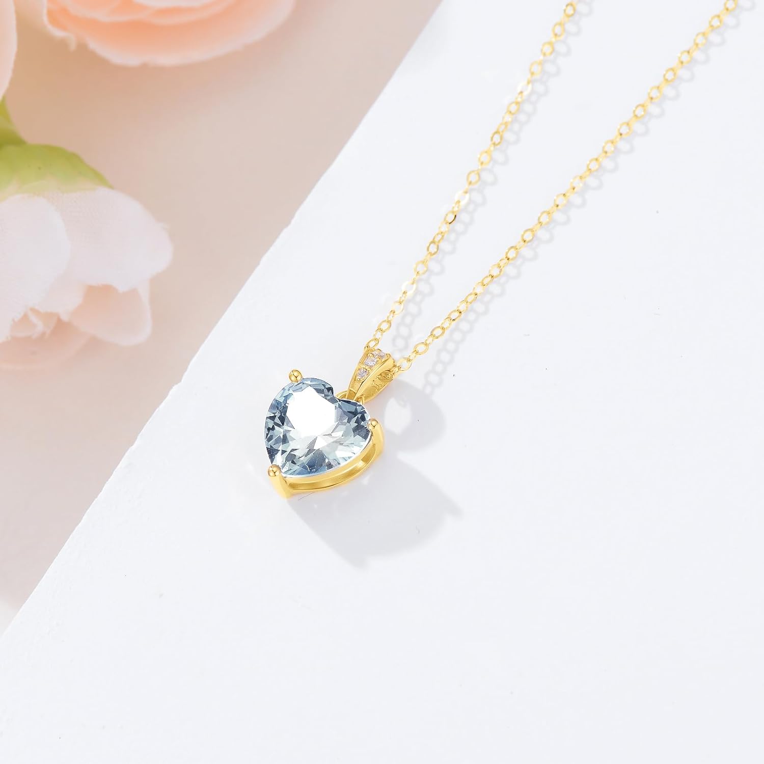 14K Solid Gold Birthstone Heart Necklace, Dainty Yellow Gold Colored Gemstone Heart Pendant Forever Love Jewelry Gift for Women, Mom, Wife 16"-18" - Image 4