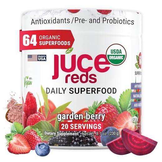 JUCE Reds Organic Superfood Powder - Garden Berry Flavor | Fruit and Veggie Powder for Kids & Adults w/ 64 Immune Boosting Superfoods Plus Probiotics for Gut Health | 20 Servings (230g)