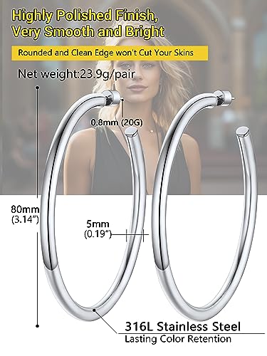 Image of Stainless Steel Chunky Hoop Earrings For Women, Minimalist and Chic, Black /Gold Plated, Round Hoops Earrings Hypoallergenic, Size: 30mm /40mm /60mm /80mm, Come with Box