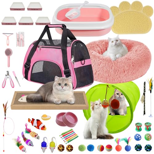 BERXOL 47PCS Kitten Essentials Starter Kit, Ideal for Cats Under 6 Months, Featuring 21-Piece Toy Set, Bed, Carrier, Litter Box, Bowls & More, Perfect for New Cat Owners - Pink