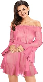 بلوزة بينك نسائى شيفون باكمام واسعة وحزام وسط