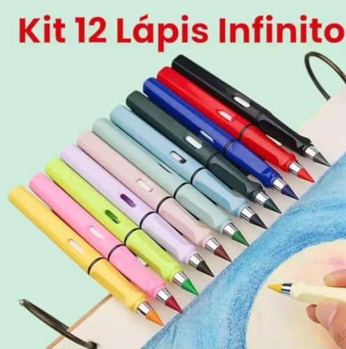 Kit 12 Lápis Infinito, Canetas Coloridas para Desenho e Escrita, Cores Sortidas. Lápis sustentável.