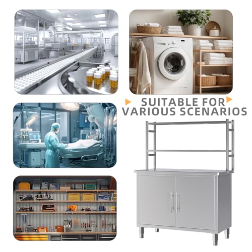 Image of 40''x20'' Stainless Steel Commercial Worktable, Kitchen Prep Table Steel Countertop with Adjustable Tier & Cabinet Shelf Work Table Workbench for Home Restaurant