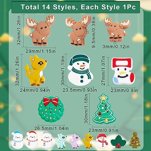 SUNNYCLUE 1 Box 14Pcs Christmas Silicone Beads Silicone Focal Beads Bulk Snowman Christmas Tree Shaped Beaded Reindeer Animal Shapes Large Beads for Pens Lanyard Garland Keychain Making Supplies - Image 2