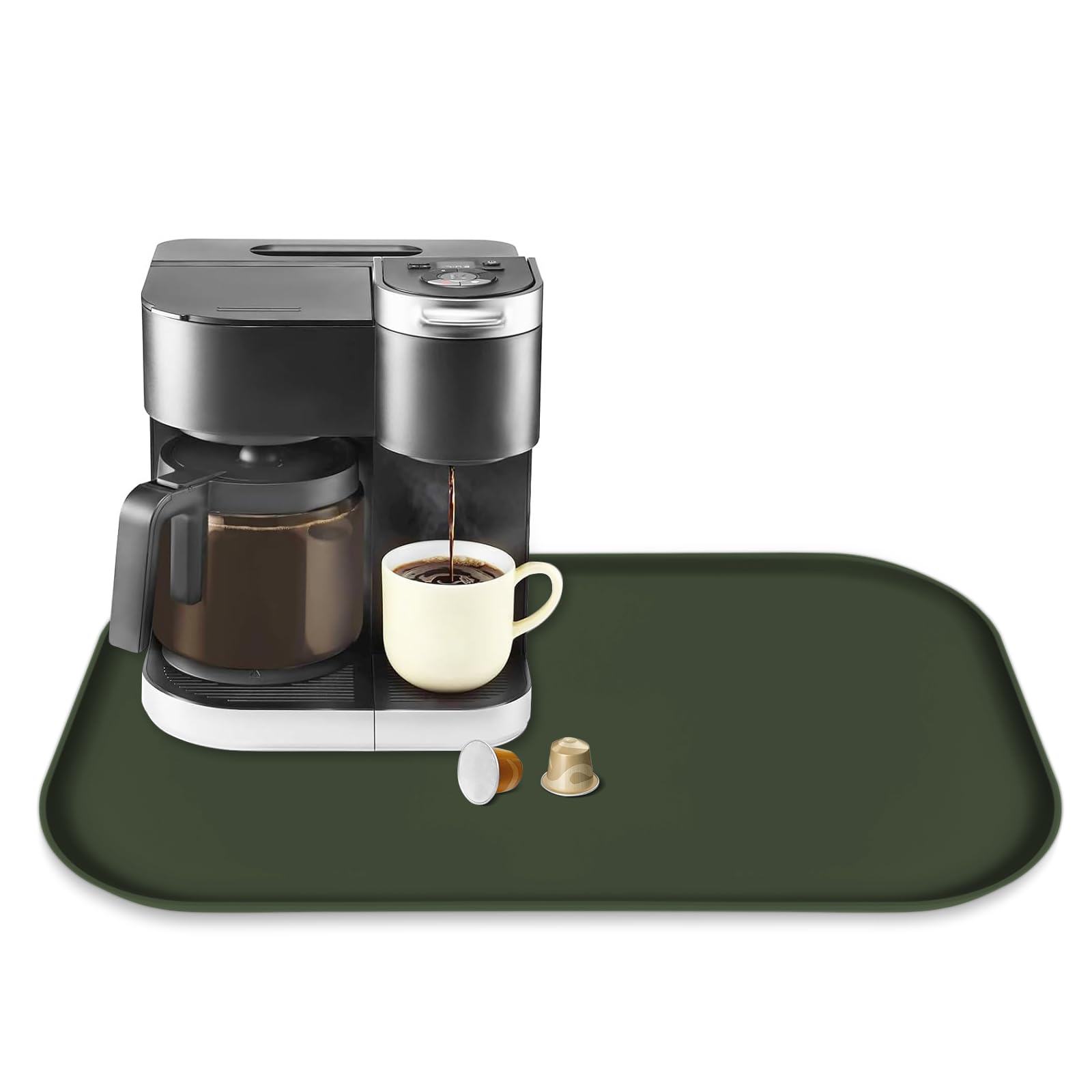Silicone Coffee Maker Mat with Lip for Countertops, 24'' x 16'' Dark Green