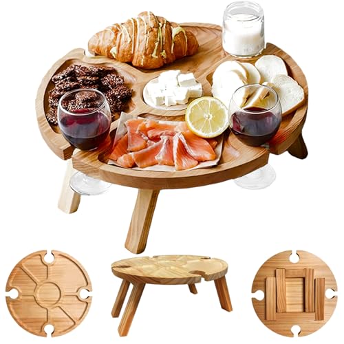 CAKEEYUM Mesa de Piso de 12 x 6 Mesa de Picnic Plegable de Madera con 4 portavasos, de Picnic Baja Antideslizante con Compartimento de de Vino para Senderismo Camping Fiesta Viajes