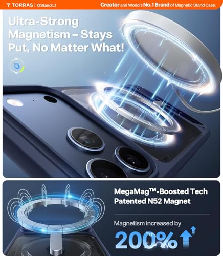 Image of TORRAS Luxury Adjustable Stand Case for iPhone 17 Pro Max | Mil-Grade Protection Cover | Fit for MagSafe | Slim Matte Finish | Camera Control | Premium Imported | Ostand L1 Guardian 6.9'' Deep Blue