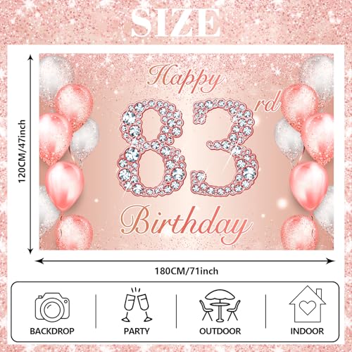 Image of Happy 83rd Birthday Rose Gold Banner Cheers to 83 Years Old Backdrop Confetti Balloons Theme Decor for Women 83 Years Old Pink Birthday Party Decorations Bday Supplies Background Favors Gift Glitter