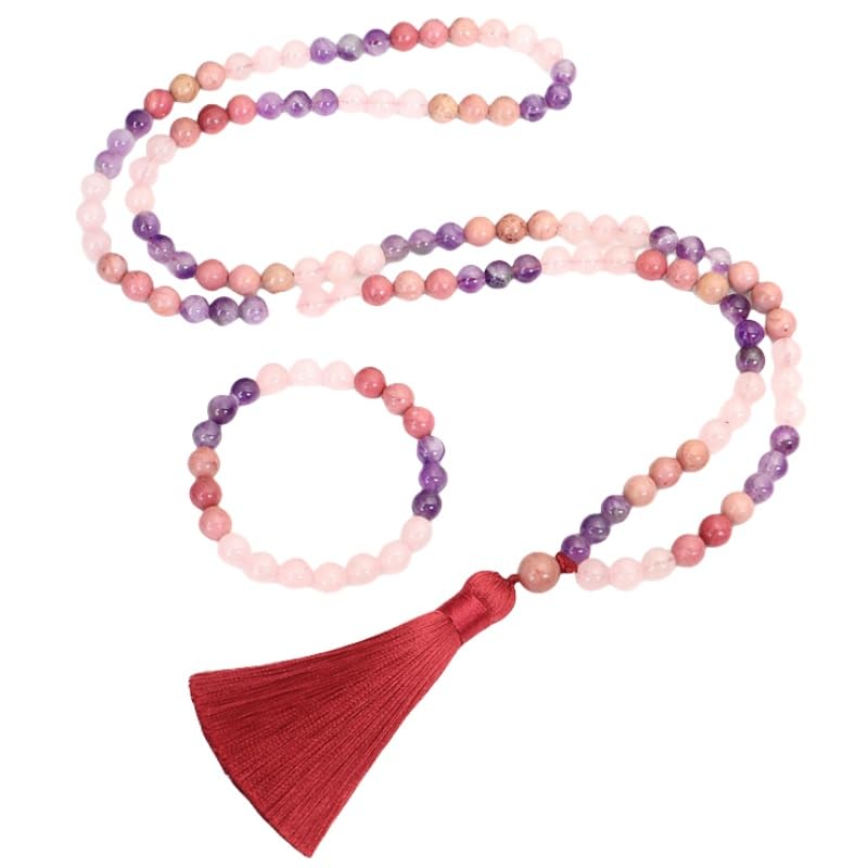 Collier Mala 108 Perles en améthyste et quartz rose avec pompon pour femme