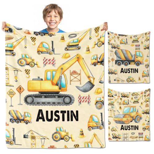 Image of Personalized Baby Blanket with Name, Custom Name Blanket for Kids Soft Flanne Blankets in Easter Personalized Baby Gifts for Infant Newborn Shower (Excavator)